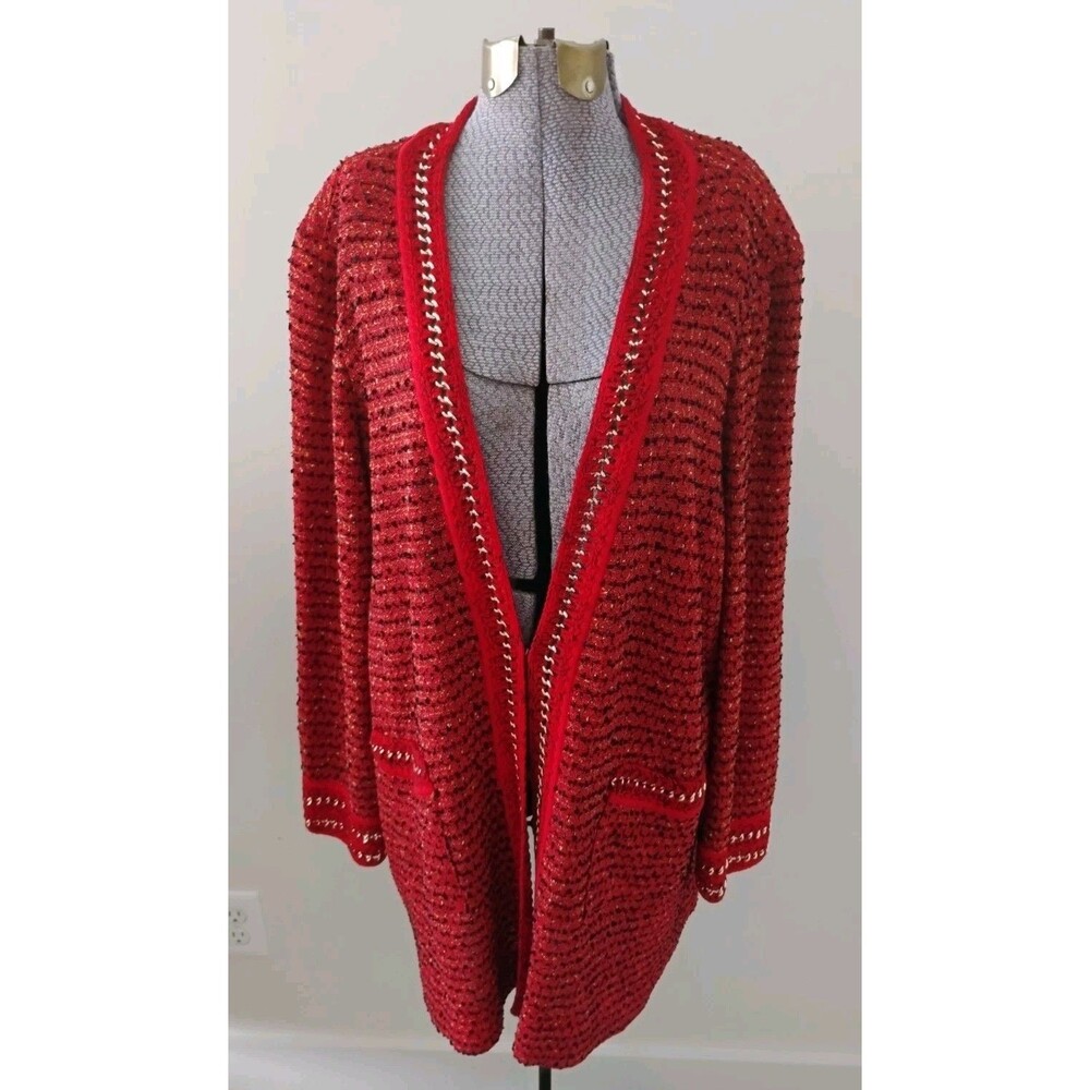 Misook Women's Knit Jacket Tweed Gold Chain Trim Red Black Sz 1X Quiet Luxury